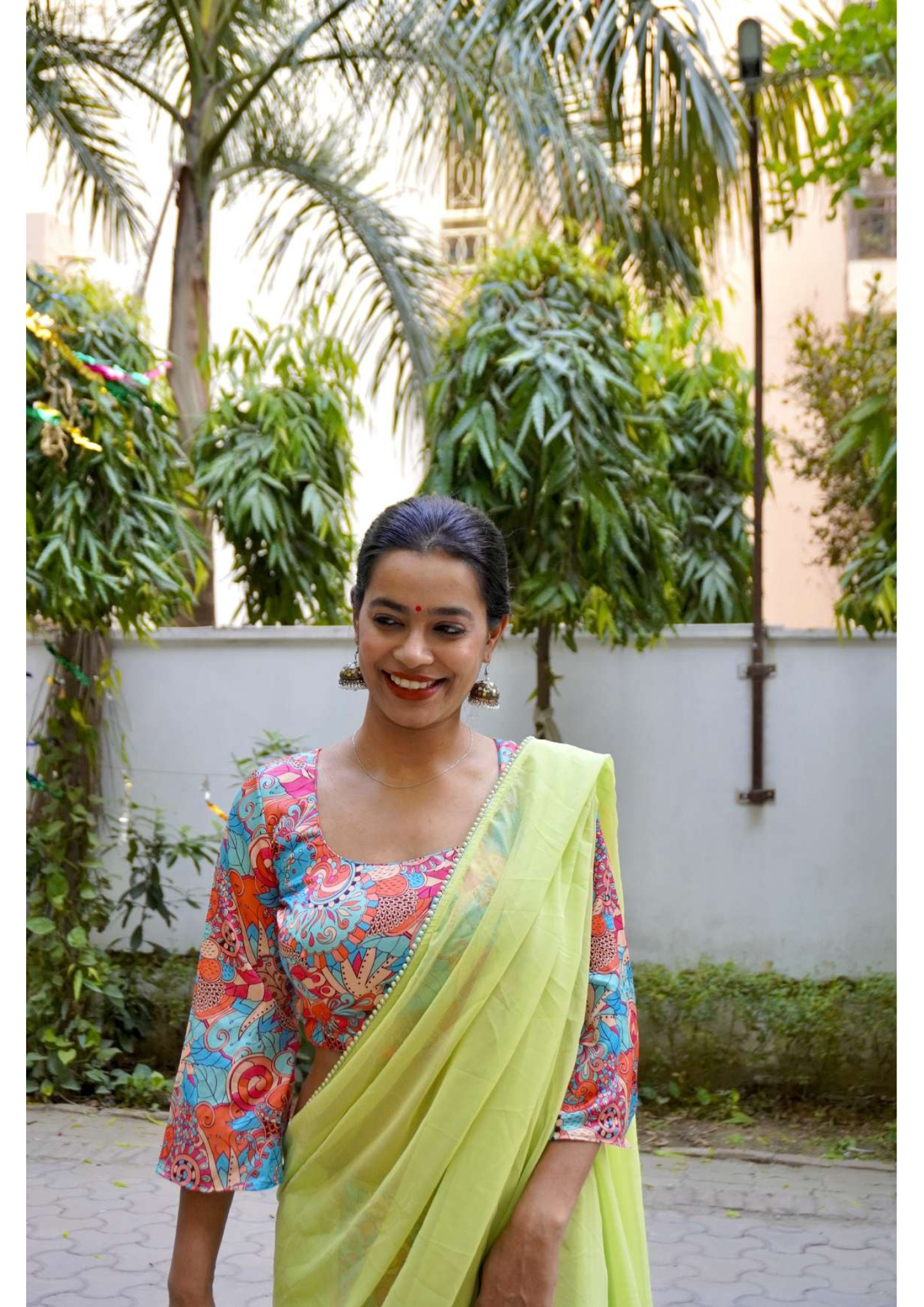 Printed blouse with sea green saree!