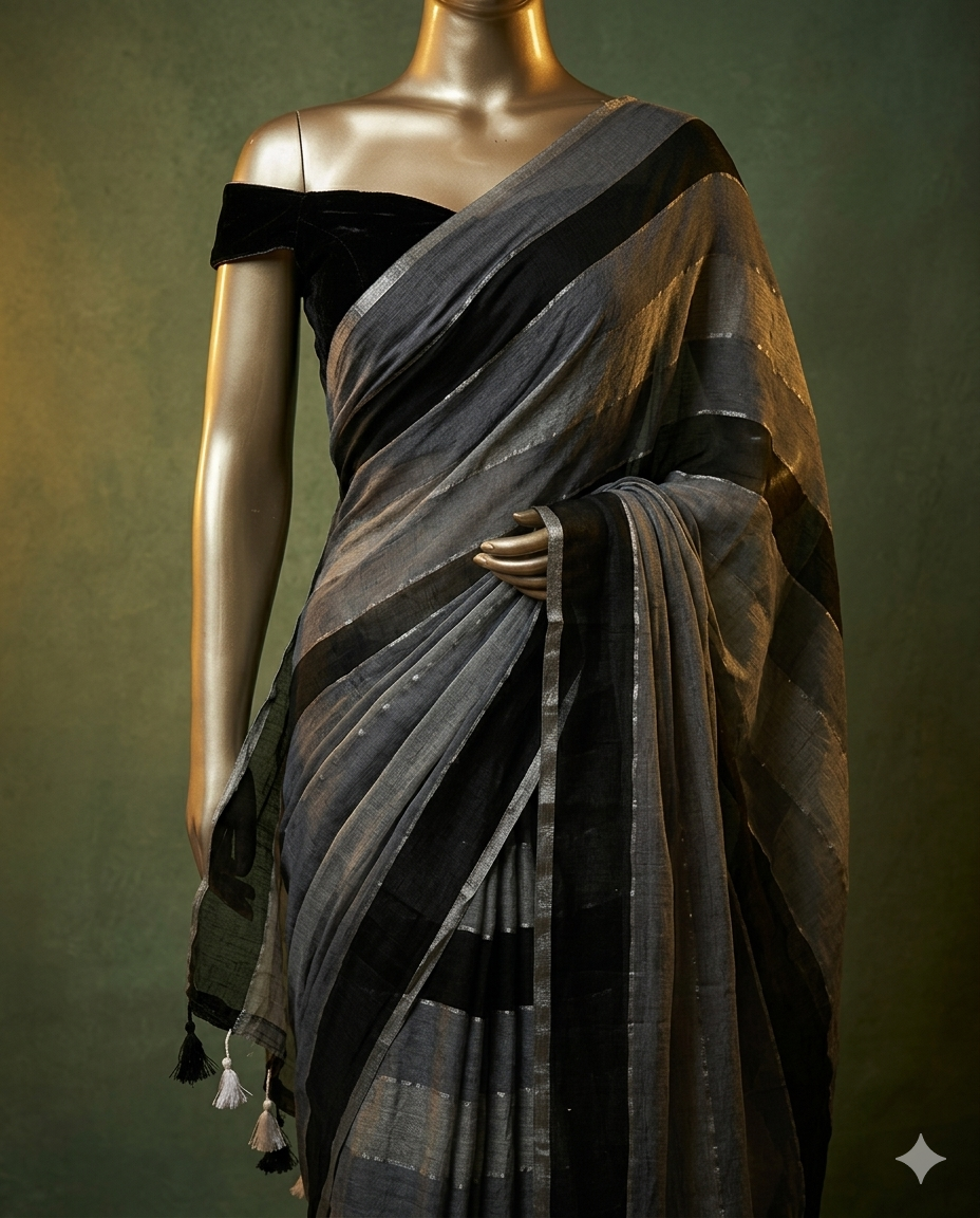 Black and grey striped cotton-linen saree with black blouse