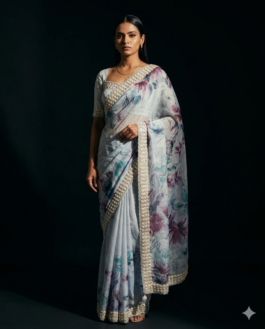 Printed saree with handwork border