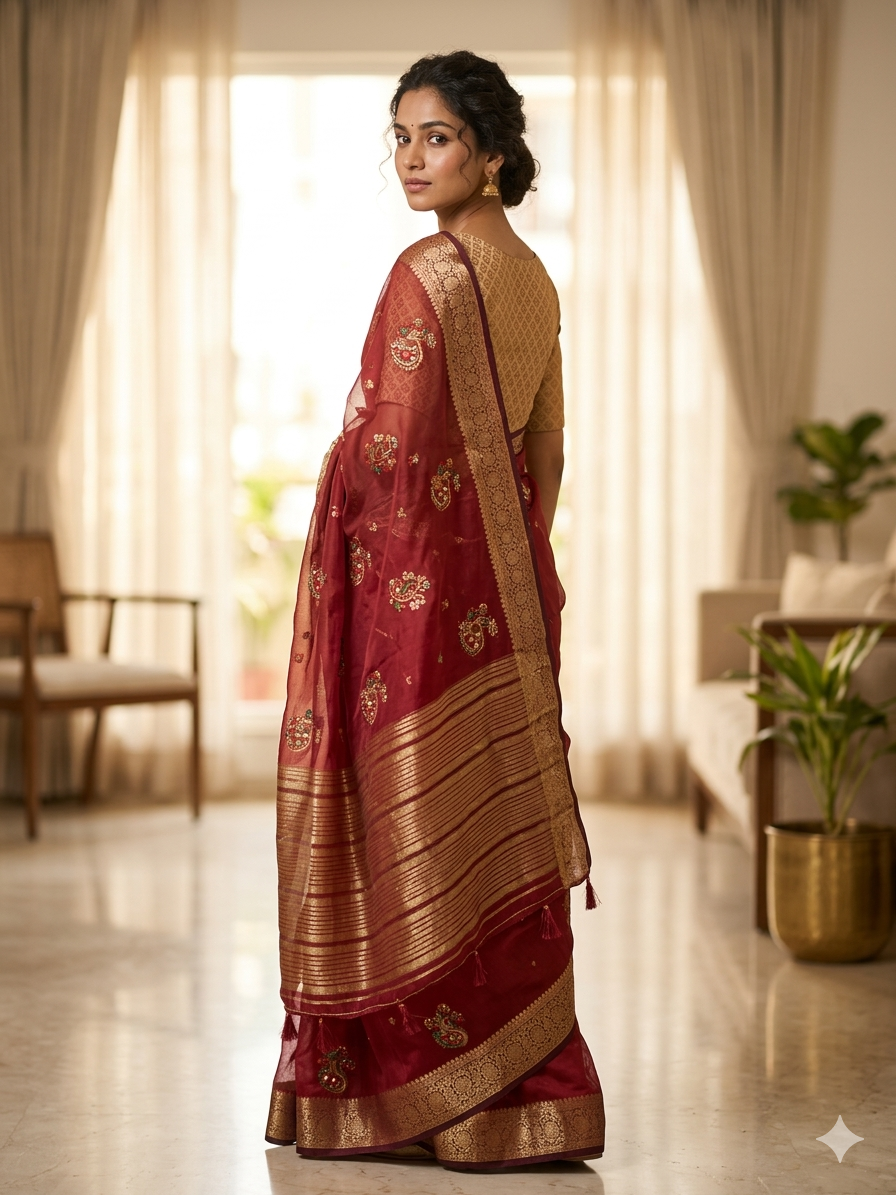maroon saree: sleek and chic