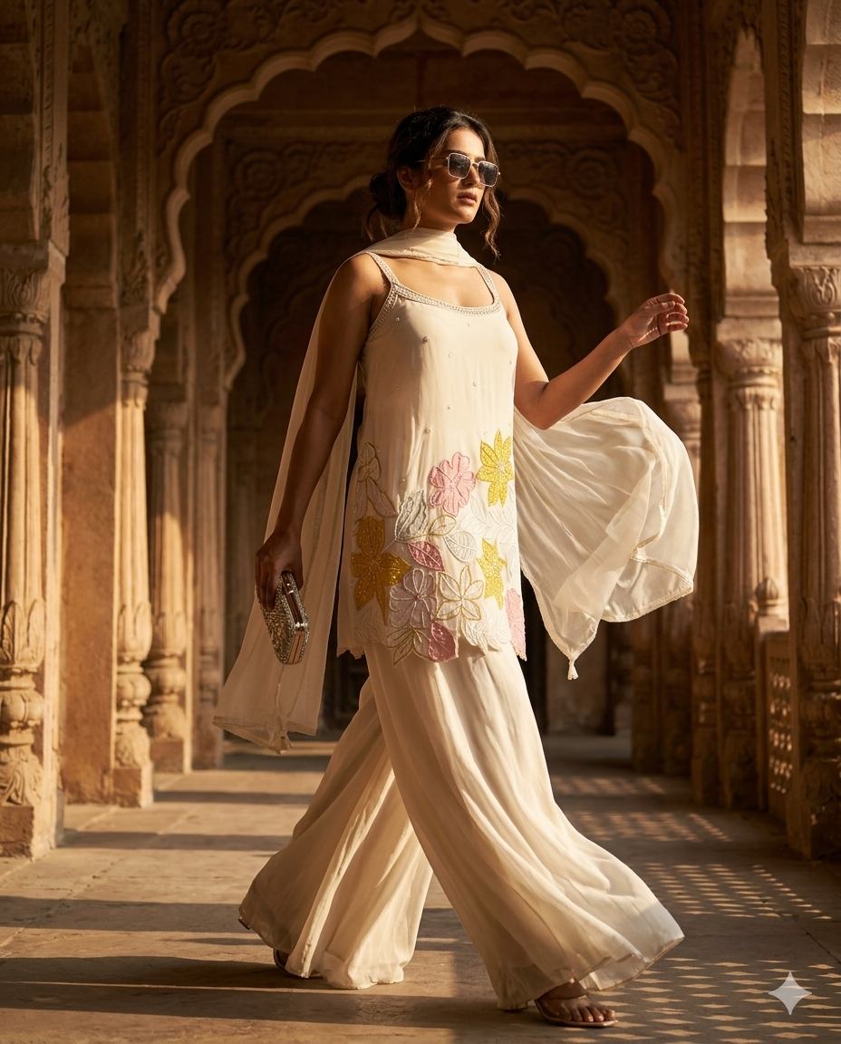 off-white, palazzo set - sleeveless with dupatta