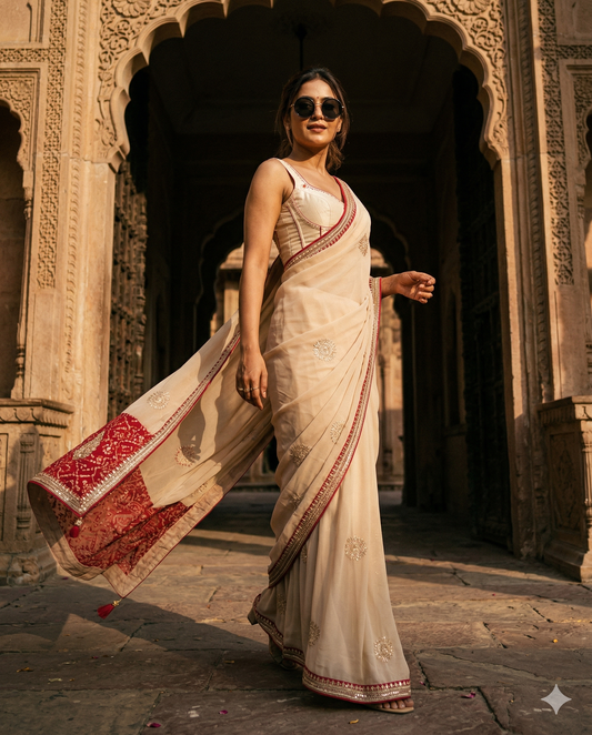 Bandhini border saree with booties and gotta patti