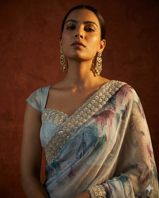 Printed saree with handwork border