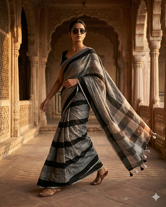 Black and grey striped cotton-linen saree with black blouse