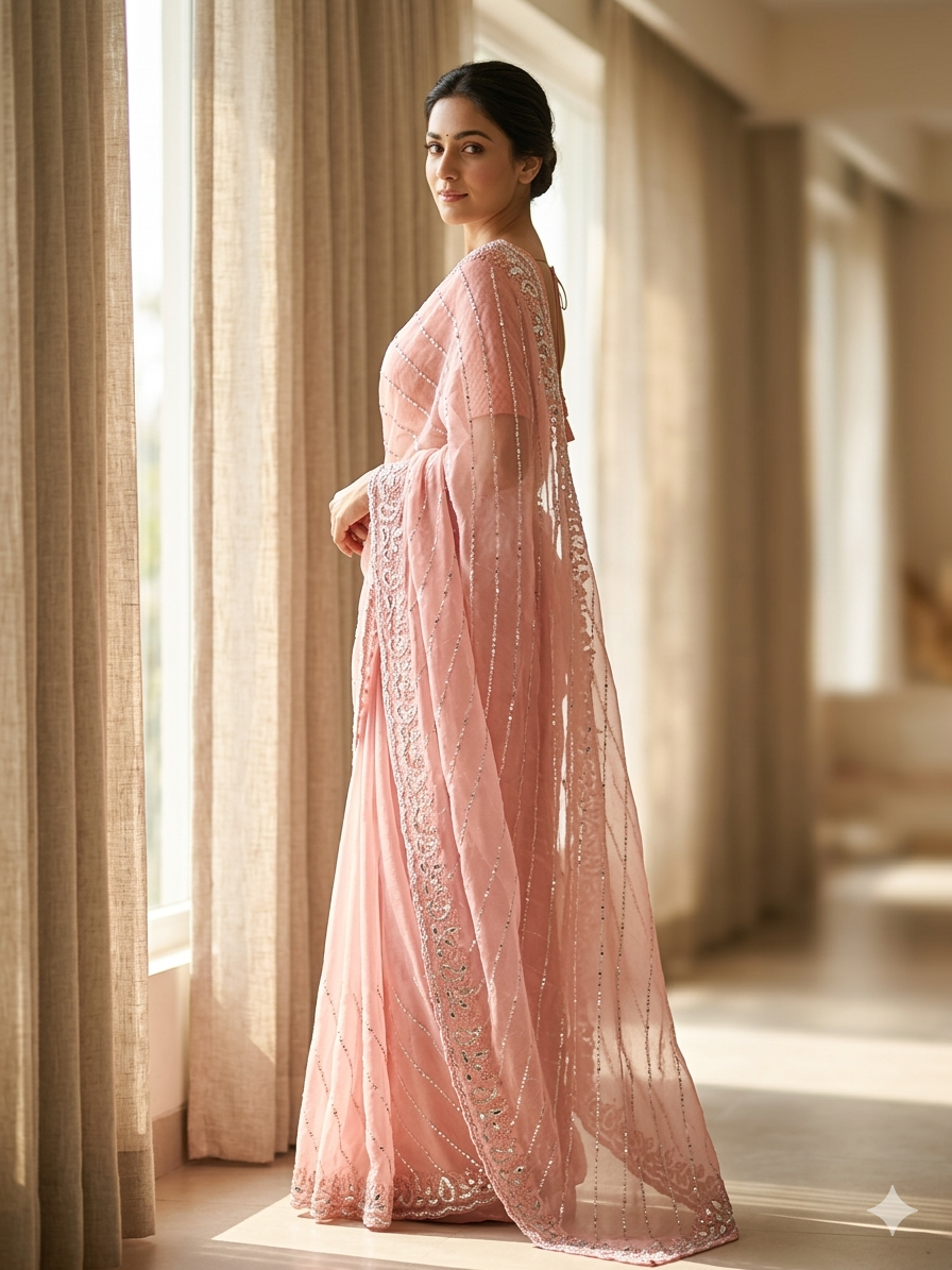 net baby pink saree