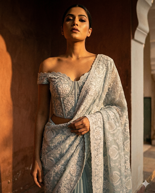 blue saree with thread work