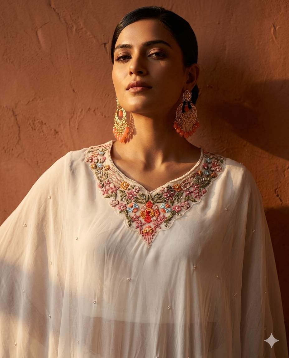 Off-white set: palazzo with kaftan style top
