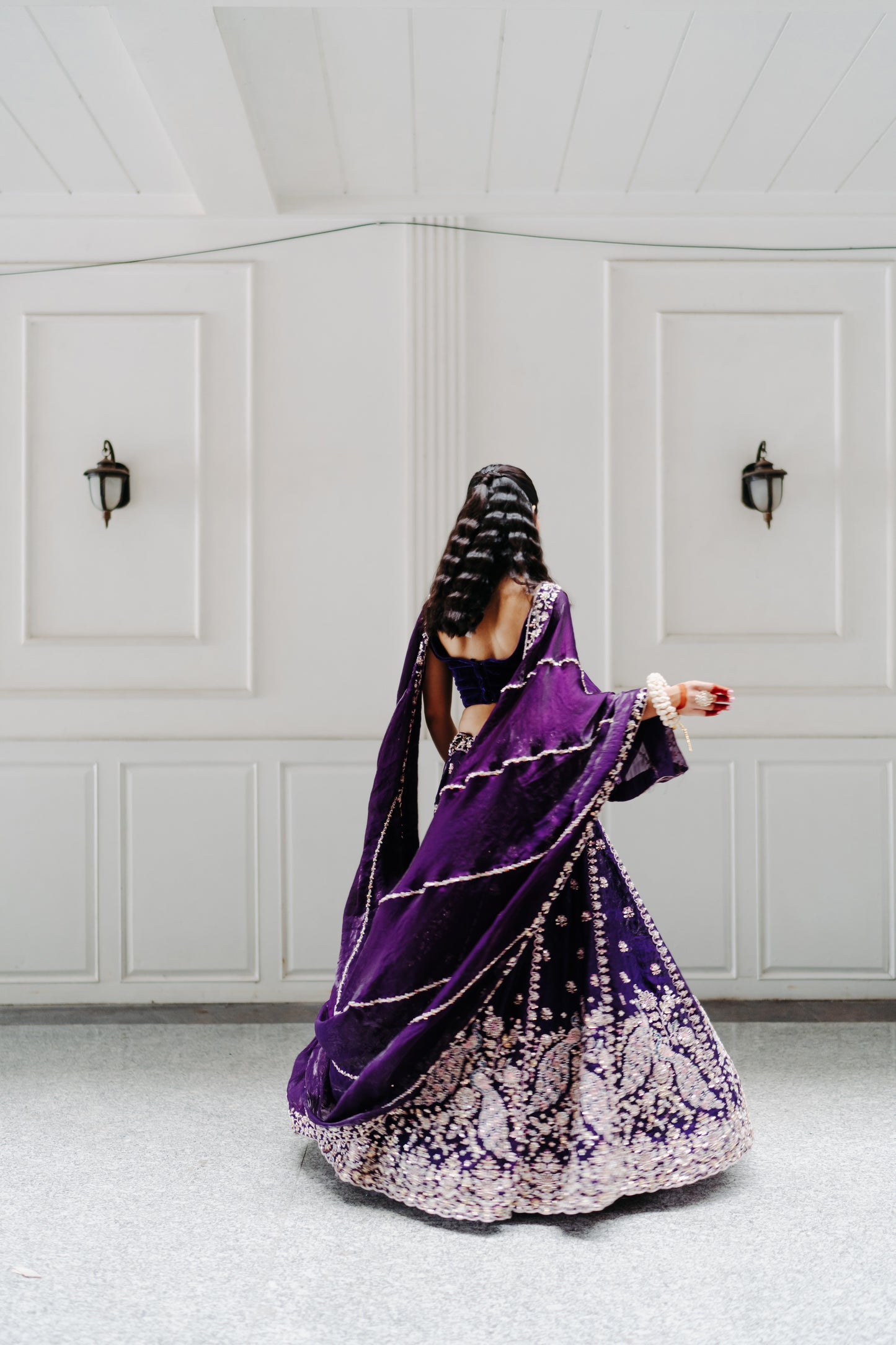 Peacock engagement lehenga in purple