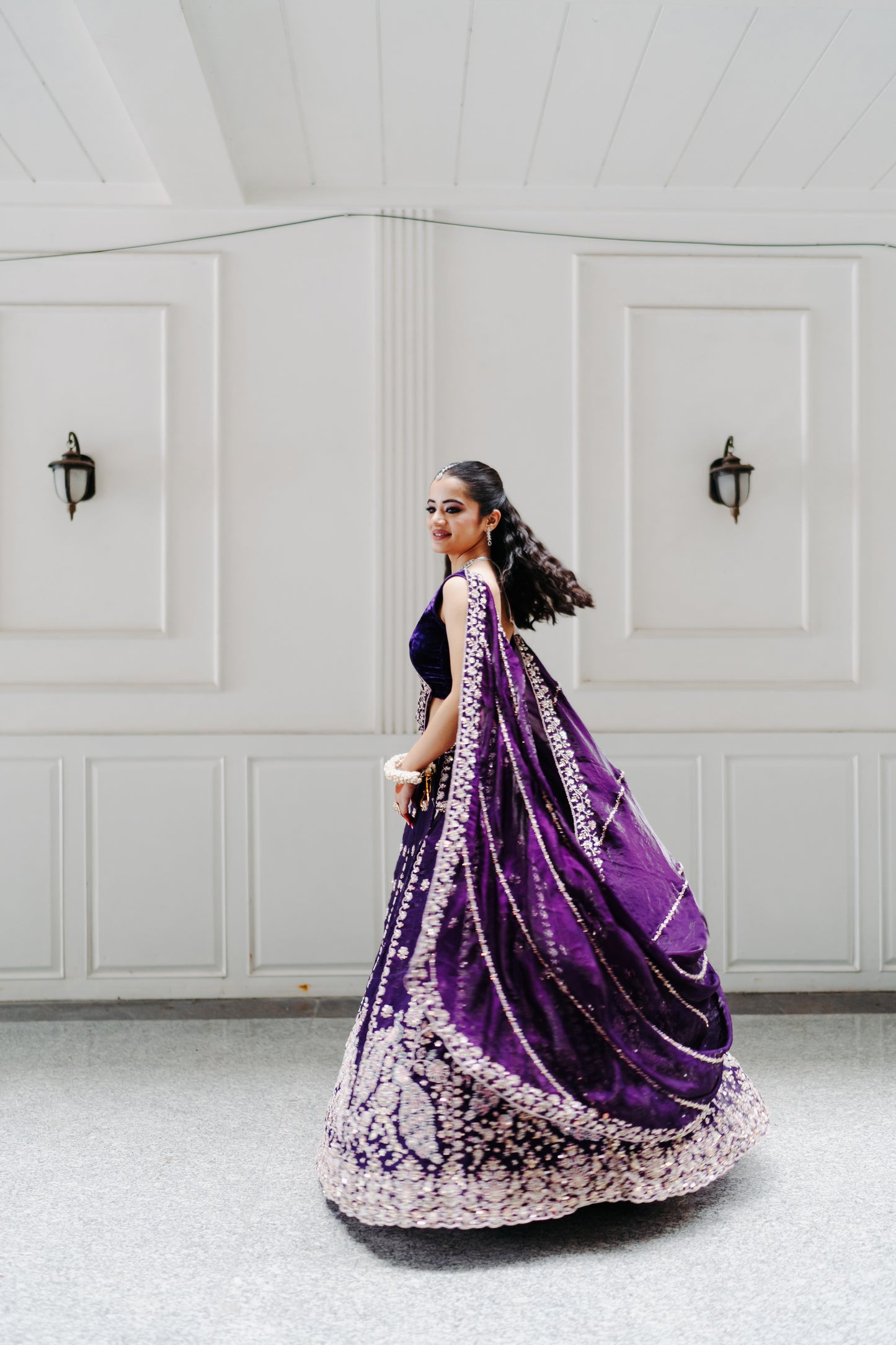 Peacock engagement lehenga in purple