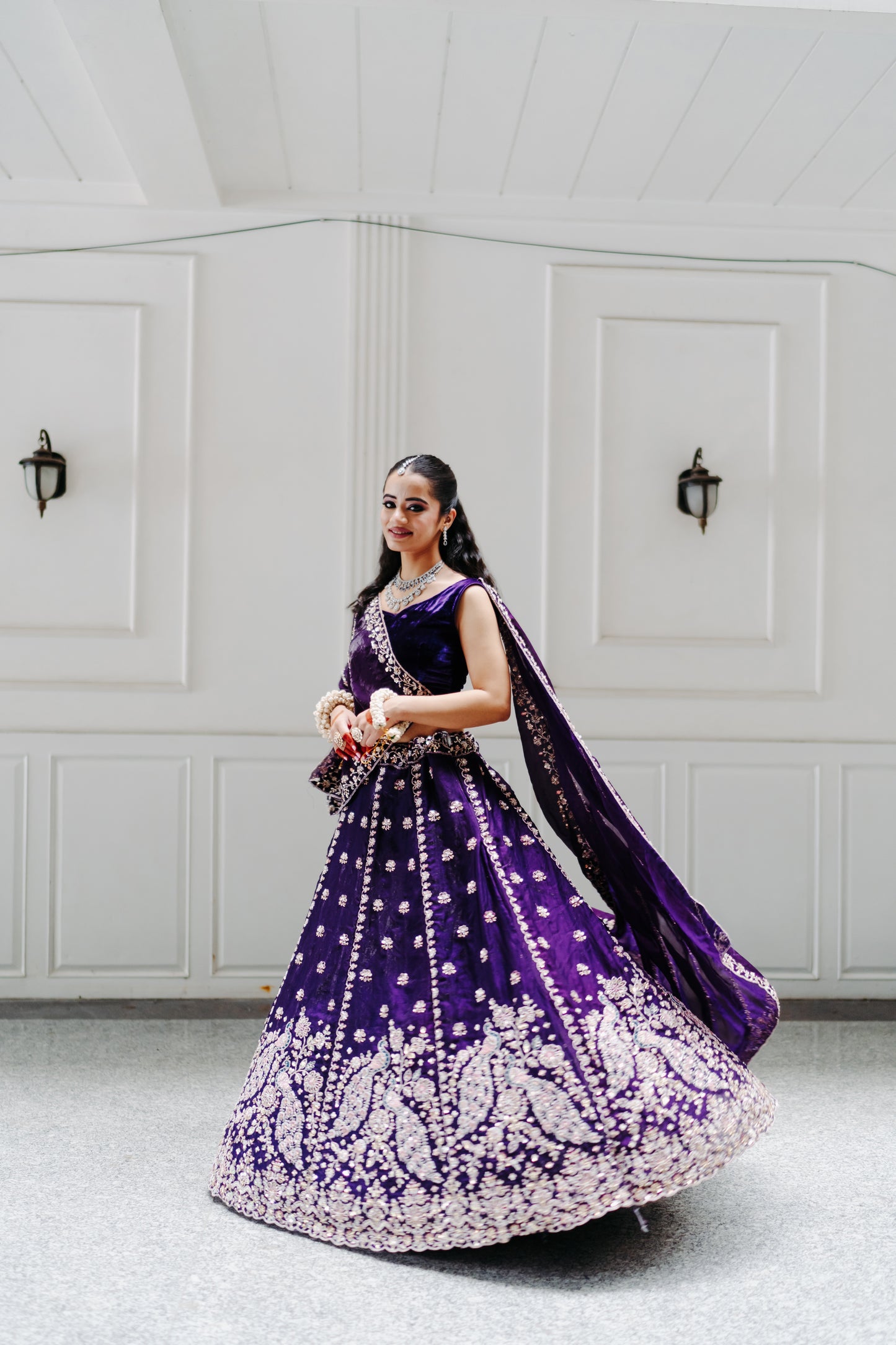 Peacock engagement lehenga in purple