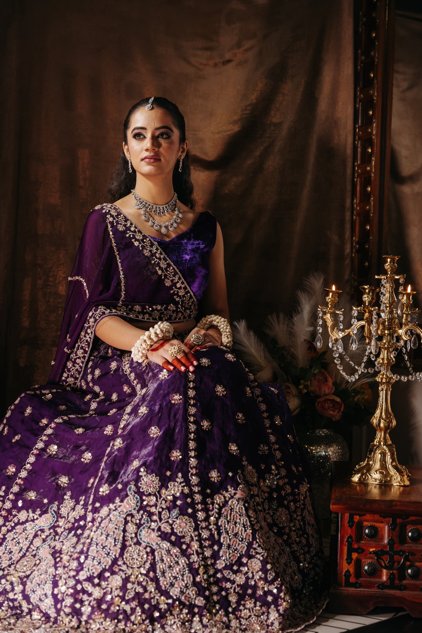 Peacock engagement lehenga in purple