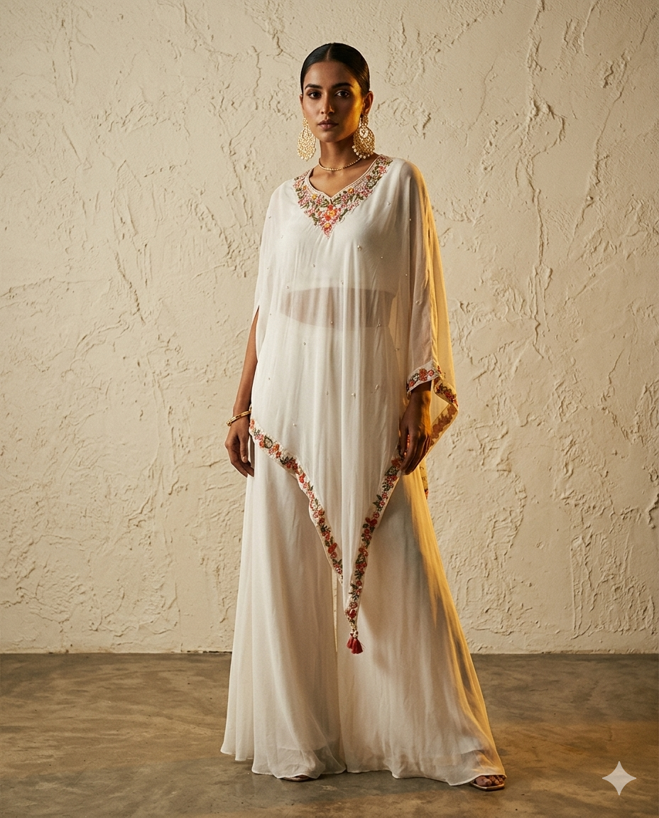 Off-white set: palazzo with kaftan style top